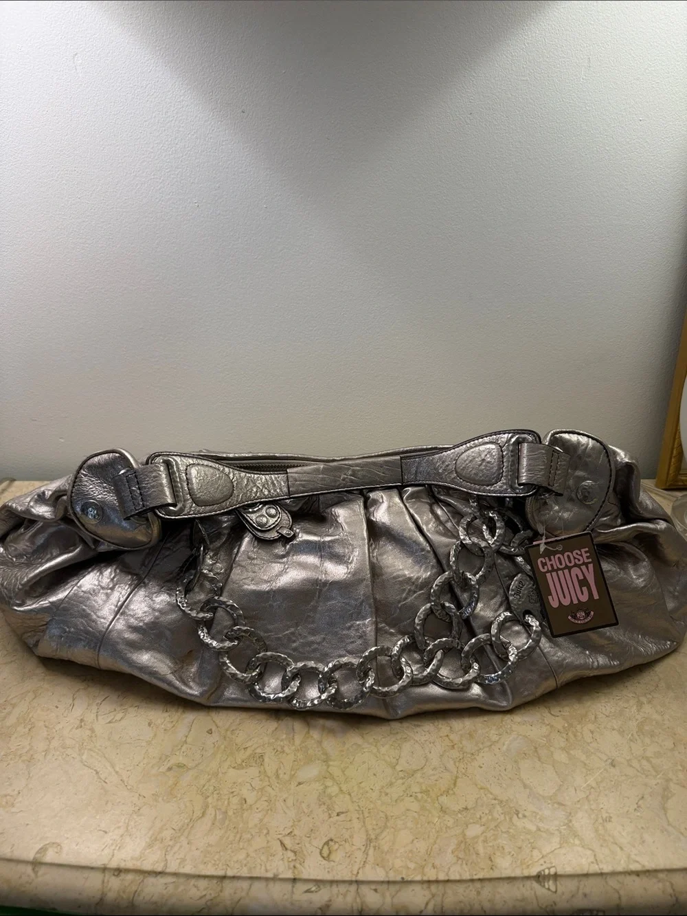 Juicy Couture Metallic Silver Chain Link Hobo Bag